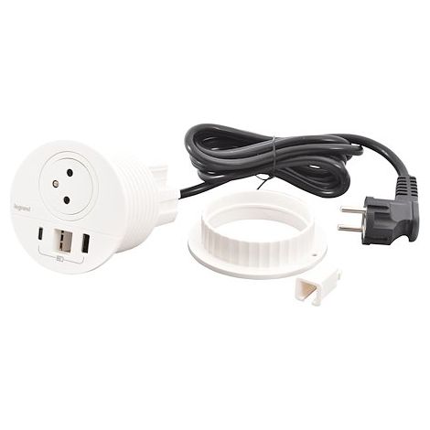 Prise encastrée INCARA™ Disq 80 blanc 1 PC 2P+T USB A+C sortie de câble cordon 2m - Legrand câble management (1/4)