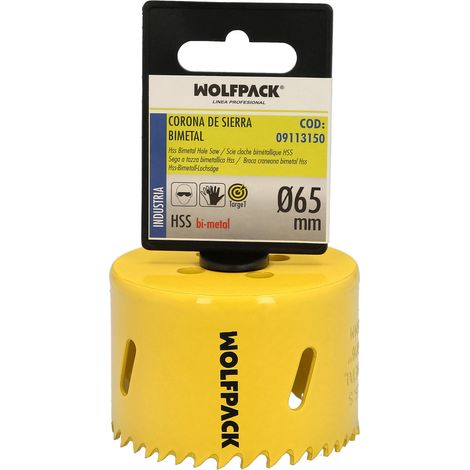 Lame bimetalliche ø 65 mm. temprate termicamente, base rinforzata. corona per legno, punta per fori in legno, acciaio, ferro, plastica, ecc.