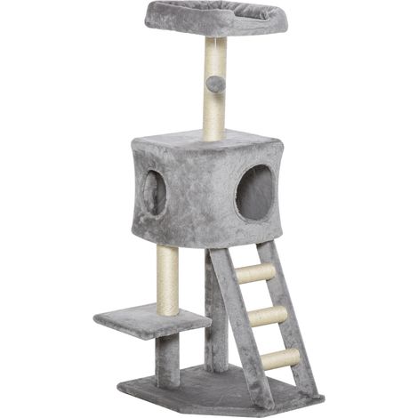 Arbre à chat gris clair 120 cm avec grotte, poteaux sisal, plateforme, balle, escaliers