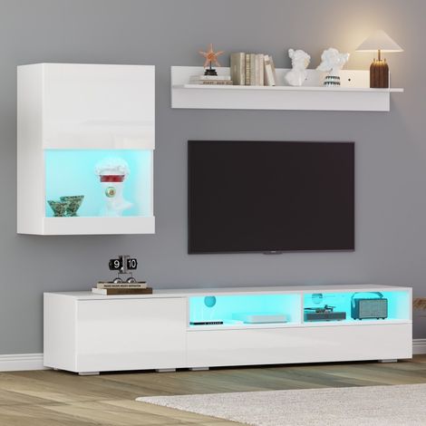 VVBV Ensemble meubles de salon, meuble TV, rangements assortis, éclairage LED, finition brillante, Blanc (1/5)