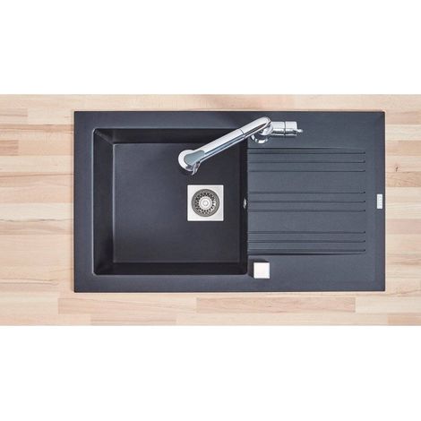 Carea Cuisine & Bain – Évier à encastrer 1 bac noir – Carealith® résistant à la chaleur jusqu'à 300°C – Système de vidage automatique – Dimensions 86x50x18 cm (1/2)