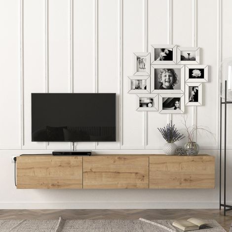 [En.Casa] – Meuble TV suspendu effet chêne 180 x 31 x 29,5 cm – 3 compartiments fermés – Montage facile – Capacité de charge 36 kg