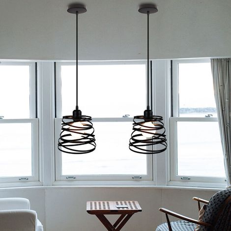 Lot de 2 Lustre Suspension Industrielle Cage Fer forme Ressort Ø20cm Luminaire E27 pour Décor Restaurant Salle Chambre, Noir (1/4)