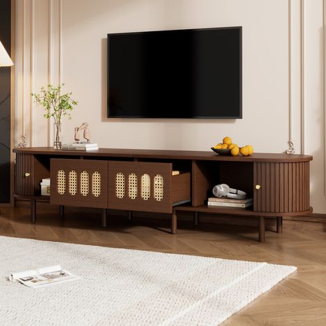 1804040cm Ovaler TV-Ständer in Nussbaum dunkel, Rattan-Design - 180 cm MDF-Design, 30 kg Belastbarkeit,Verfügt über zwei Schubladen und ein Rollladentürdesign.TV-Schrank,lowboards,Wohnzimmerschrank (1/5)