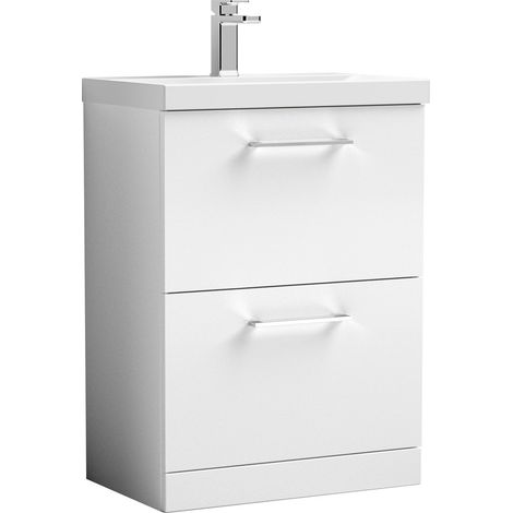 Balterley Modern Bathroom 2 Drawer Floor Standing Vanity Unit & Rectangular Mid-Edge Basin, Gloss White, 600 mm