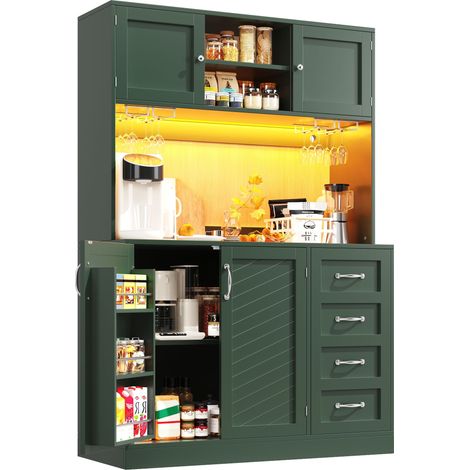 Credenza alta da cucina con 4 Ante e 2 Cassetti, LED e Portabibite, in MDF, 120 x 40 x 188 cm, Verde