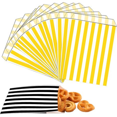 Sac Papier Kraft - 100 Pièces - Jaune Rayures - 12,7x17,8cm - Emballage Cadeau Bonbon - Anniversaire Noël (1/5)