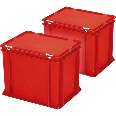 BRB Lot de 2 récipients à couvercle Euro avec couvercle à charnière et fermetures coulissantes, 400 x 300 x 330 mm, rouge
