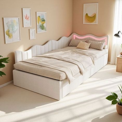 Cama litera infantil 90x200 cm - Sofá-cama - Tela de terciopelo beige - LED integrada - Almacenamiento práctico (1/5)