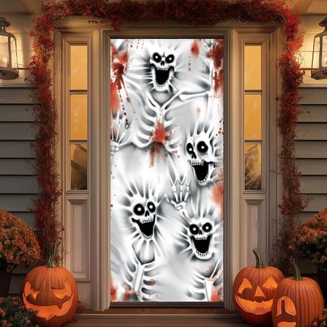 3D Design Spooky Skeleton Pattern Door Curtain Wall Window Curtain 30"x72" for Halloween Outdoor/Indoor Decoration (1/5)