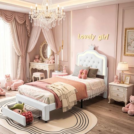 Letto per bambina 90x200 cm con LED, letto singolo in PU con testiera a conchiglia, struttura con sponde, stile principessa