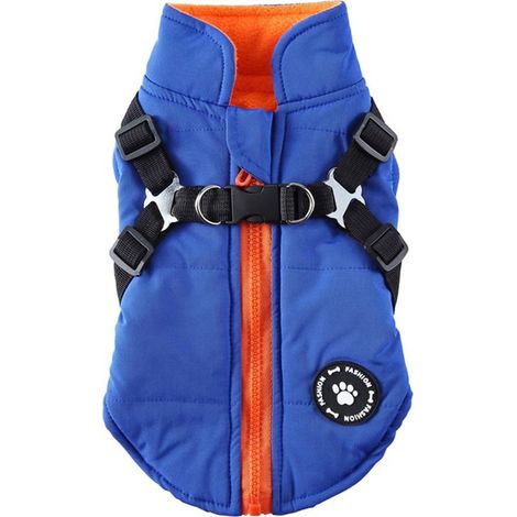 Doudoune imperméable et chaude/manteau pour chiot avec harnais, convient aux chiens de petite et moyenne taille, bleu (L) (1/5)