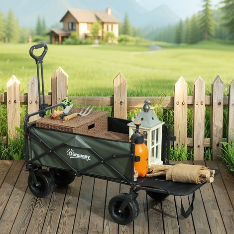 Chariot de Jardin de 95L Pliable avec Panneau Ouvrant, en Acier et Polyester, 125x48x78-102 cm, Vert