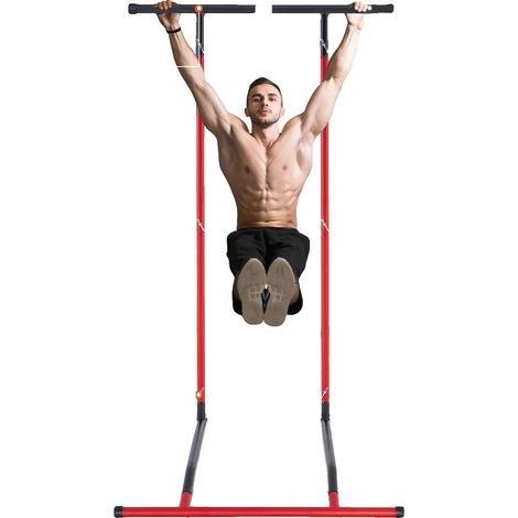 Stazione per dip, altezza regolabile da 120 a 201 cm, carico massimo di 100 kg, acciaio spesso 2 mm, base stabile a forma di H, piedini antiscivolo. (1/5)