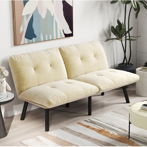 Sofá cama 2 plazas 160x102x78 cm crema – convertible en terciopelo y metal MEUBLIV (1/5)