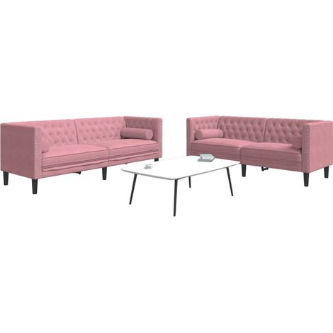 2-tlg. Chesterfield-Sofa-Set mit Nackenrollen Rosa Samt