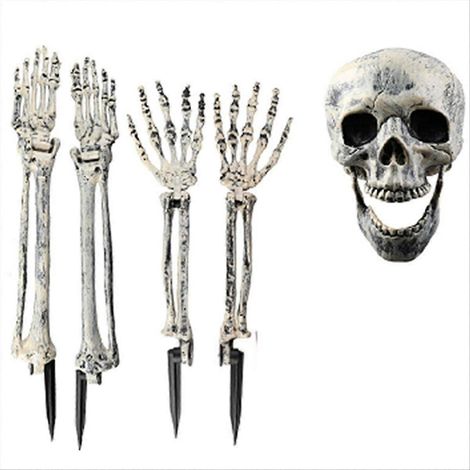 Lot de 5 piquets squelettes réalistes pour Halloween, têtes de crâne et bras humains, décoration pour la maison et le jardin. (1/5)