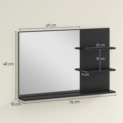 Miroir de salle de bain moderne en bois et verre (avec deux étagères latérales et une étagère inférieure), dimensions : 75 x 10 x 48 cm, noir (1/5)