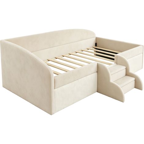 Lit enfant rembourré 90 x 190 cm en velours beige sans matelas MODENUIT (1/5)