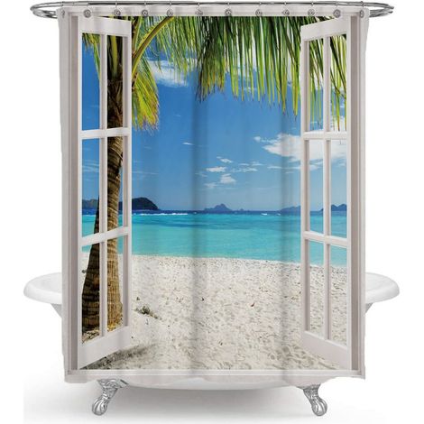Rideau de douche 200 x 230 cm, rideau de douche de plage, rideau de douche imperméable en polyester imprimé (1/4)