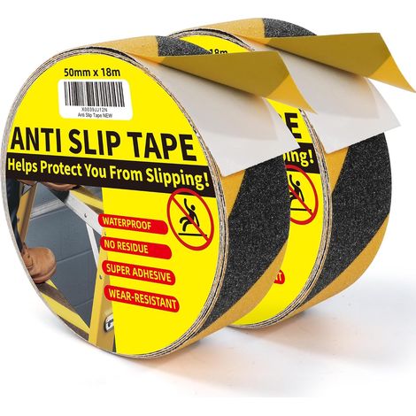 Ruban antidérapant noir et jaune 50mm x 18m - 2 Rouleaux - Bande adhésive sécurité pour marches, escaliers, échelles - Intérieur/Extérieur - Antidérapant, résistant à l'eau (1/5)
