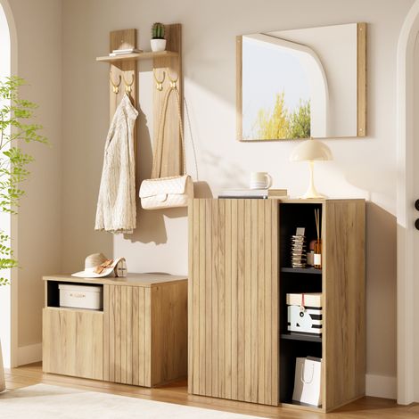Set de 4 piezas para recibidor con espejo, zapatero, banco y perchero, madera clara y negro, almacenaje ajustable para entrada y pasillo – CHICFURN (1/5)