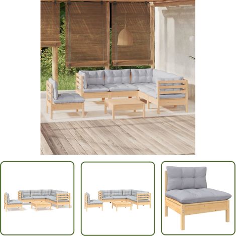 The Living Store 6-tlg. Garten-Lounge-Set mit Grauen Kissen Kiefernholz - Gartensaison - Lounge Set - Gartenmöbel - Outdoor Möbel - Rattan Gartenmöbel (1/5)
