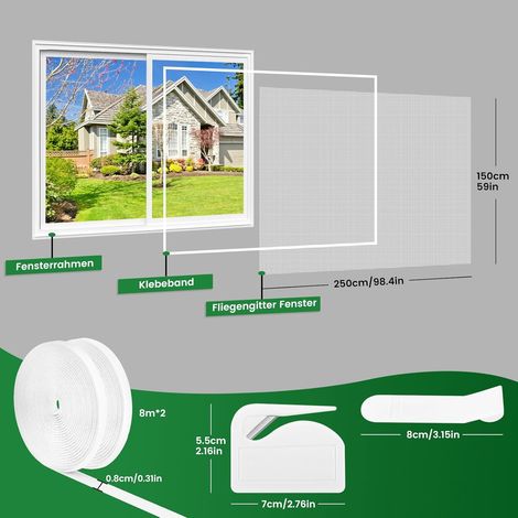 Moustiquaire Fenêtre 2 Ensembles - 250 x 150 CM - BLANC, Aucun perçage n'est nécessaire, AVEC Découpeur, Adhésif, Découpable à la Dimension Souhaitée