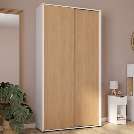 SLIDEA blanco y madera Armario corredero de 2 puertas Armario de 100 cm con estantes de maxi capacidad