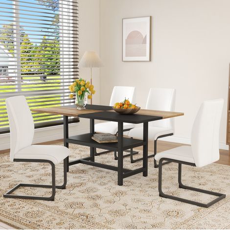 Conjunto de comedor MDF y metal blanco/efecto madera con mesa 160x90 cm, estante integrado y 4 sillas de PU blanco (1/5)