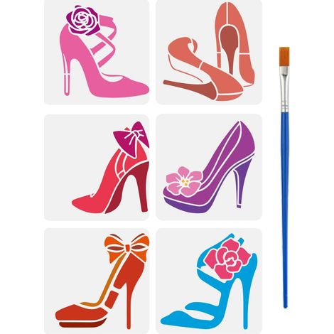 6Pcs Pochoir à Talons Hauts pour Peinture Au Pinceau 15x15cm Réutilisable Fleurs Nœuds Modèle de Chaussure Creuse Pochoir Plastique Femme Thème pour Décoration Meubles (1/5)