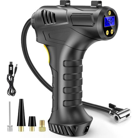 Compresseur d'air de gonfleur de pneu sans fil, batterie rechargeable USB 12 V, pompe à pneu de voiture portable 150 PSI, pompe à pneu électrique numérique avec lumière LED et 3 adaptateurs de buse po (1/5)