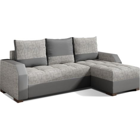 Canapé convertible angle réversible design tissu gris clair chiné et simili cuir gris Zarky 250cm (1/5)