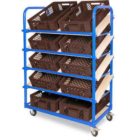 BRB Schrägboden-Regalwagen mit 5 Ebenen, bestückt mit 10 Euroboxen BxTxH 600x400x150 mm, durchbrochen, BxTxH 1050x500x1450 mm (braun)