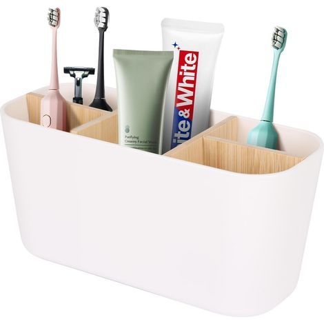 1 - Porte-brosse à dents - Organisateur salle de bain - Bambou et PP - Anti-moisissure pour brosses électriques et manuelles - Noir - 20x10x12cm (1/5)