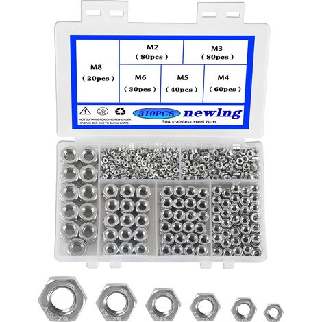 Ecrous Hexagonaux M2 M3 M4 M5 M6 M8 Écrou de Blocage A2 -DIN 934 / ISO 4032 Assortiment Kit Acier Inoxydable 304 Ecrous Frein 310 Pièces pour Contre-Ecrou Boulon Visserie (1/5)