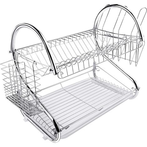 Égouttoir À Vaisselle 2 Niveaux En Métal, Durable Et Multifonctionnel, Pour Rangement Et Égouttage, Montable Sur Comptoir, Argent (1/5)