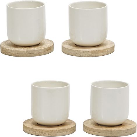 Box Set 4 Tazzine Caffè Bianche Moderne senza Manico con Piattino in Legno Bambù in Ceramica Capacità 9 cl per Espresso Casa e Bar Design Moderno Bicchierini Caffè Minimalisti (1/4)