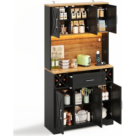 CHICFURN Aparador alto de cocina 105 x 40 x 180 cm MDF natural/negro con LED y botellero (1/5)