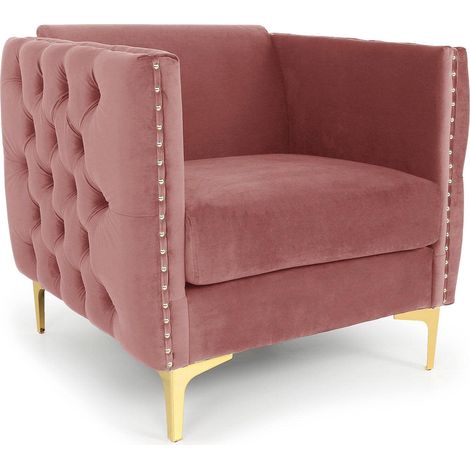 Fauteuil Scandinave en Velours Rose avec accoudoirs capitonnés, Assise Profonde (1/5)