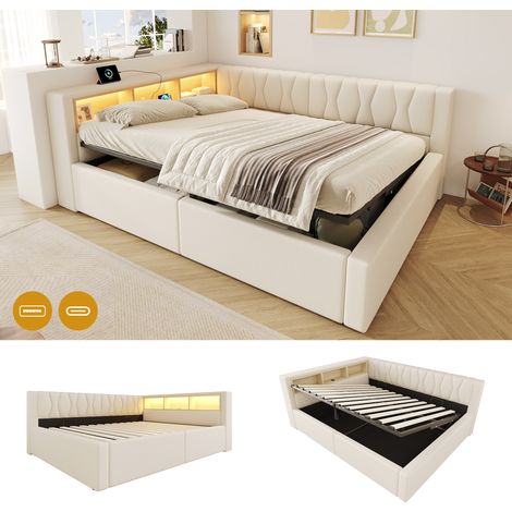 VVBV Lit banquette rembourré, 140 x 200 cm, en mdf, éclairage LED, ports USB et USB-C, prises intégrées, rangements intégrés