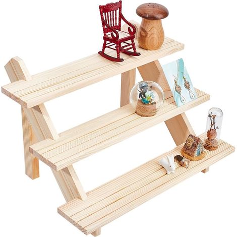 Soporte de exhibición de madera de 3 niveles, soporte desmontable para pendientes y anillos, madera sin acabado, soporte para tarjetas de joyería con ranura para detalles, exhibición de colección de j