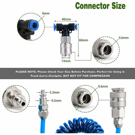 Soufflette Camion Soufflette Pneumatique avec Tuyau de Spirale de 5 mètres Kit de nettoyage de pistolet à air pour camion avec connecteur en T(2 6mm), Bleu (1/4)