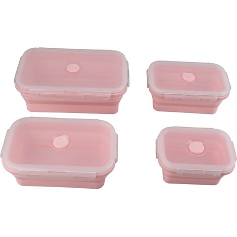 Lot de 4 boîtes de conservation alimentaire en silicone rose, pliables et portables, idéales pour la cuisine et les repas (hommes et femmes). (1/5)