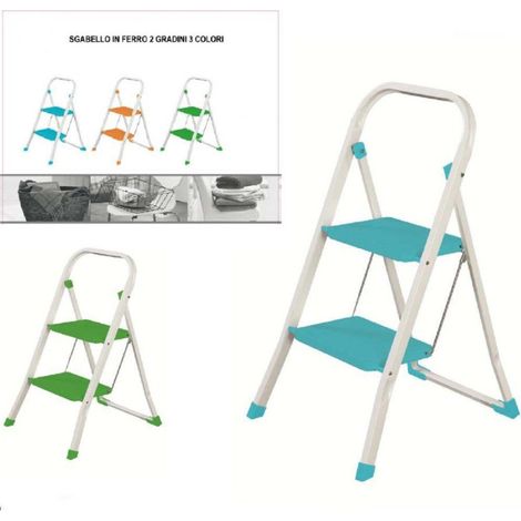 Trade Shop - FARBIGER EISENHOCKER LEITER 2 STUFEN HELLBLAU - GRÜN - ORANGE PRATIKO -