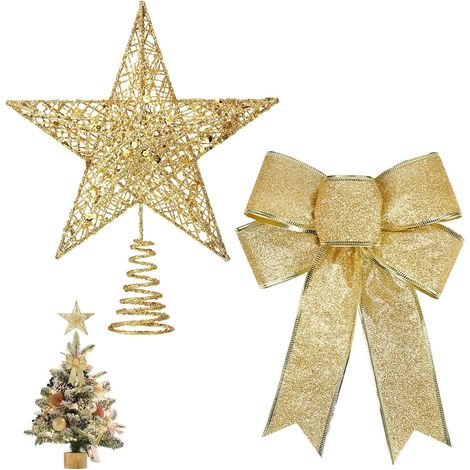 Étoile Dorée Pailletée pour Sapin de Noël - Mini Décoration avec Noeud pour Le Sommet - Métal - 20cm/4.7Inch (1/5)
