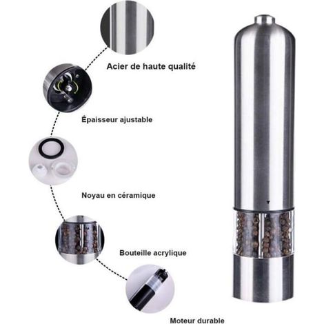 Moulin à Poivre et Moulin à Sel Automatique Moulins électrique en Acier Inoxydable Durable Taille de Grain Réglable Moulin ( (1/4)