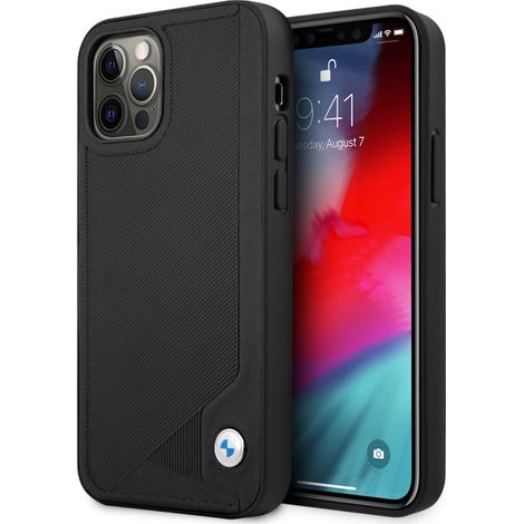 Étui BMW BMHCP12LRCDPK pour iPhone 12 Pro Max 6,7" noir/noir, coque rigide en cuir avec gaufrage