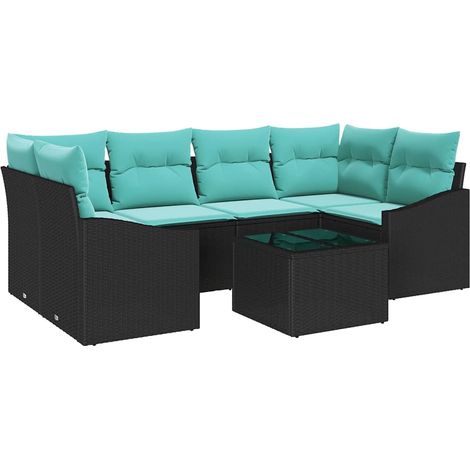 Sofa Set with Cushion 7 pcs Black and Turquiose Poly Rattan vidaXL (1/5)
