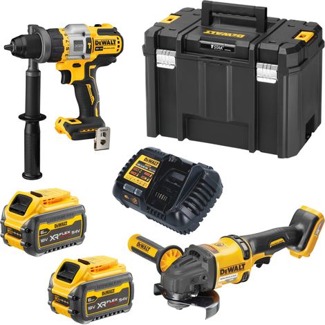 DeWalt DCK 2016 T2T Combo Pack Set 18 V / 54 V FlexVOLT DCD 999 Taladro percutor + DCG 418 Amoladora angular + 2x batería 6,0 Ah + cargador + TSTAK